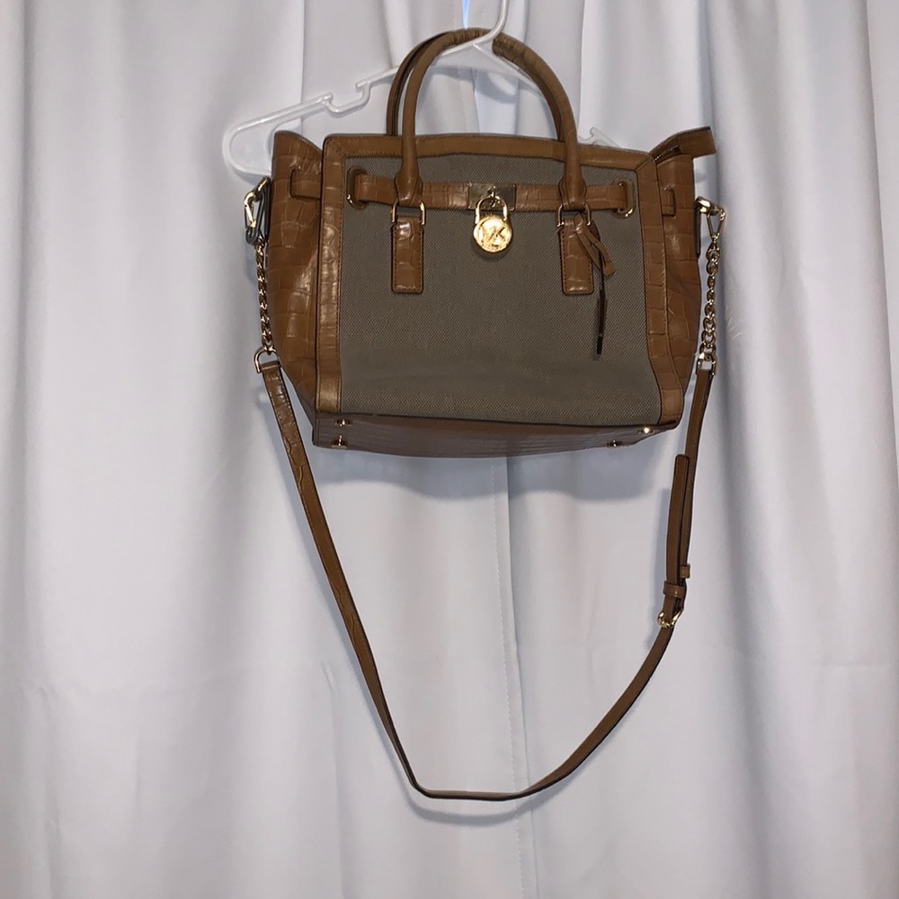 Michael Kors leather & fabric handbag brown tan designer